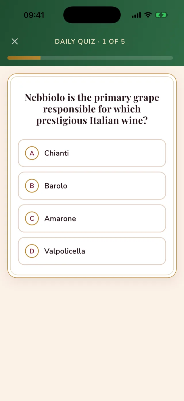 Daily quiz question styled like a wine label