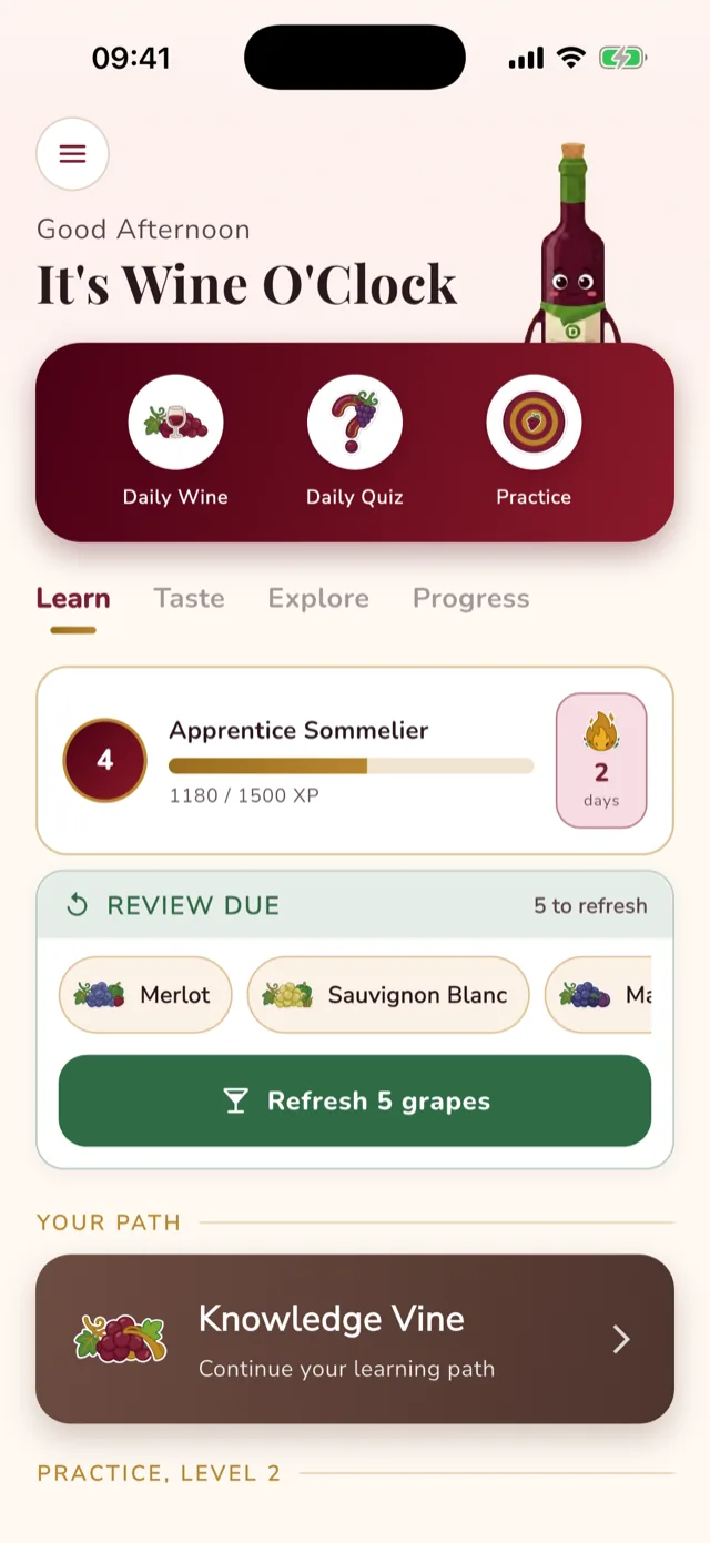Duo Vino home screen with daily wine, daily quiz and practice cards