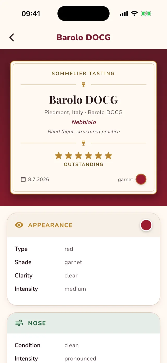 Tasting note rendered as a digital wine label with a star rating